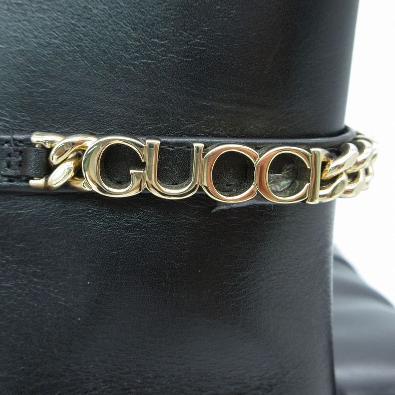 Gucci Long Boots Pointed Toe Gold Chain Logo Low Heel 35.5