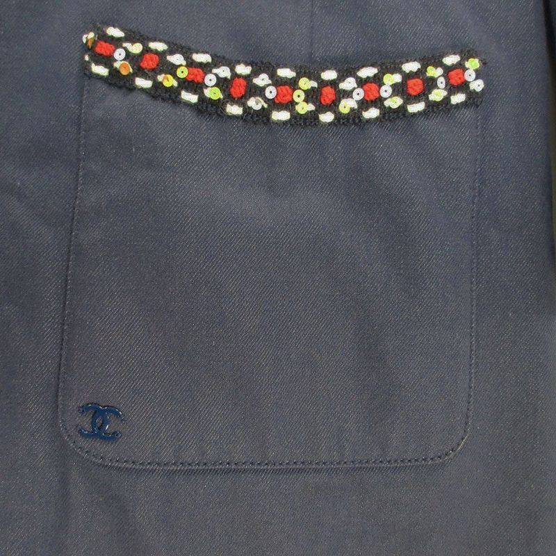 Chanel Denim Long Coat Tweed Trimming Sequin Decoration Indigo