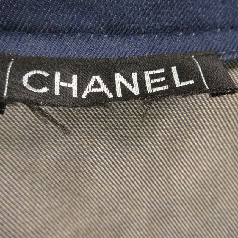 Chanel Denim Long Coat Tweed Trimming Sequin Decoration Indigo