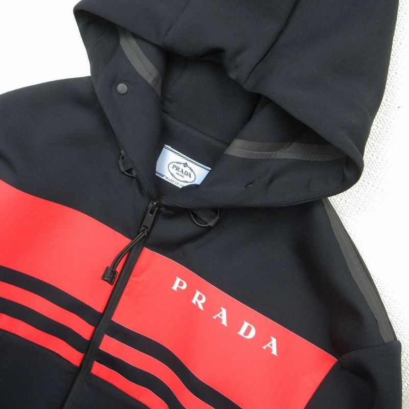 Prada Logo Hoodie Short Length Hoodie Technical Fabric XS Black Red