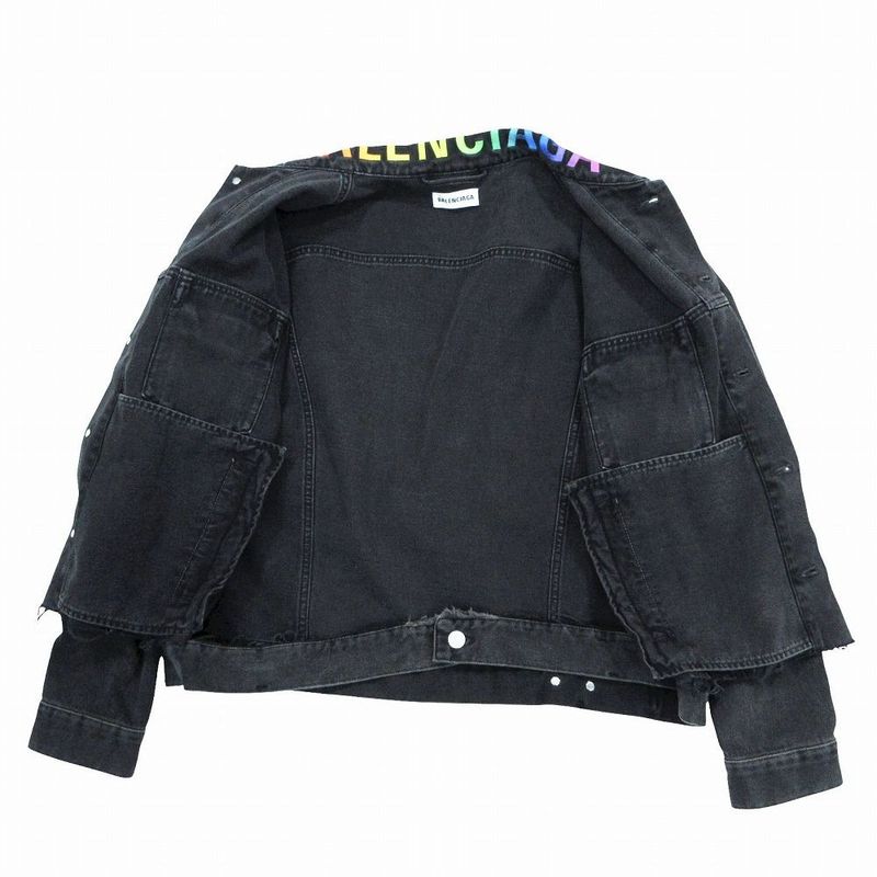 Balenciaga Rainbow Logo Embroidery Denim Jacket Distressed