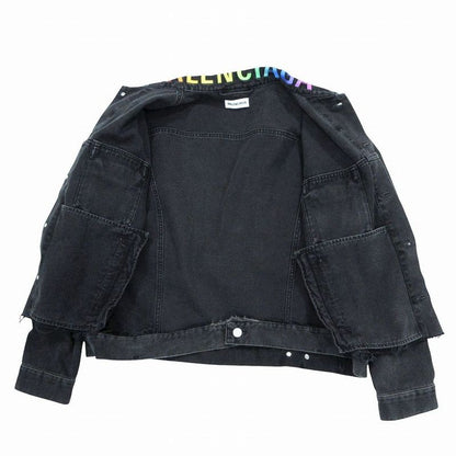 Balenciaga Rainbow Logo Embroidery Denim Jacket Distressed