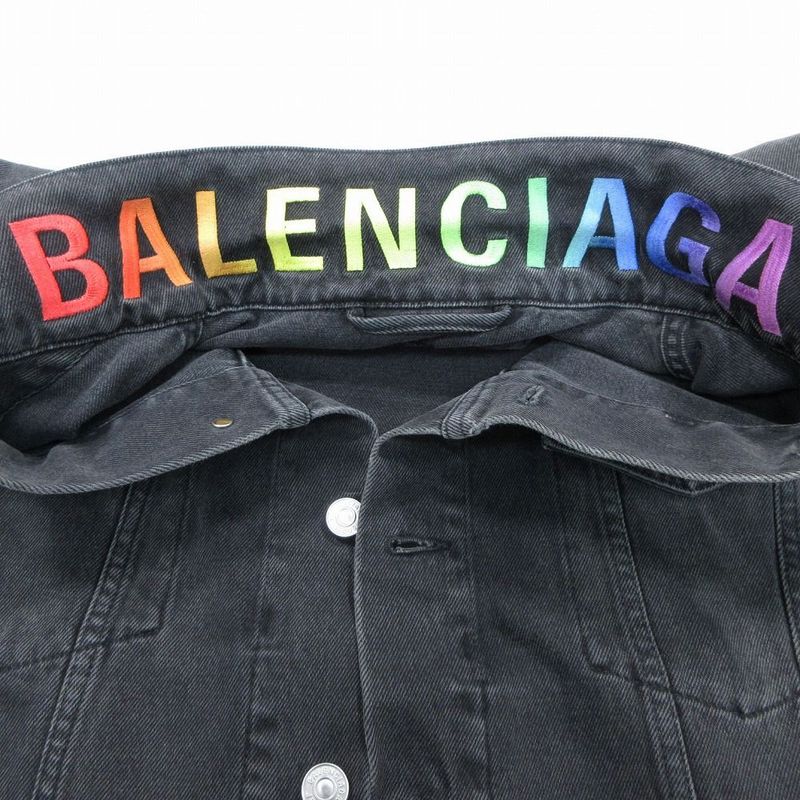 Balenciaga Rainbow Logo Embroidery Denim Jacket Distressed