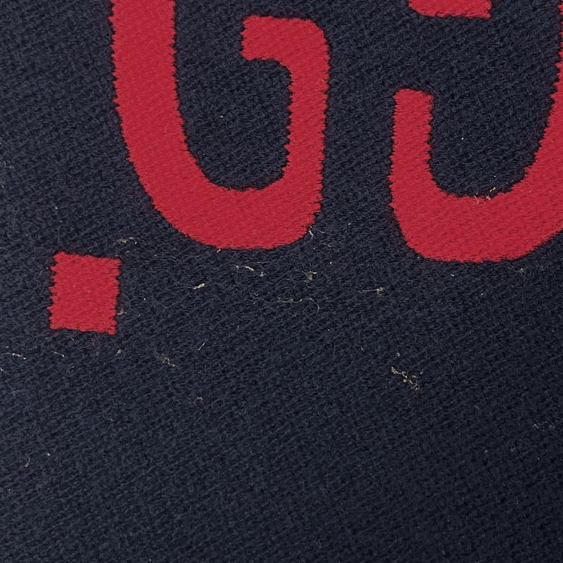 Gucci GG Pattern Scarf Fringe Scarf Wool Silk Navy Red