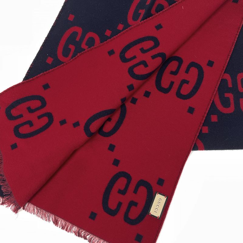 Gucci GG Pattern Scarf Fringe Scarf Wool Silk Navy Red