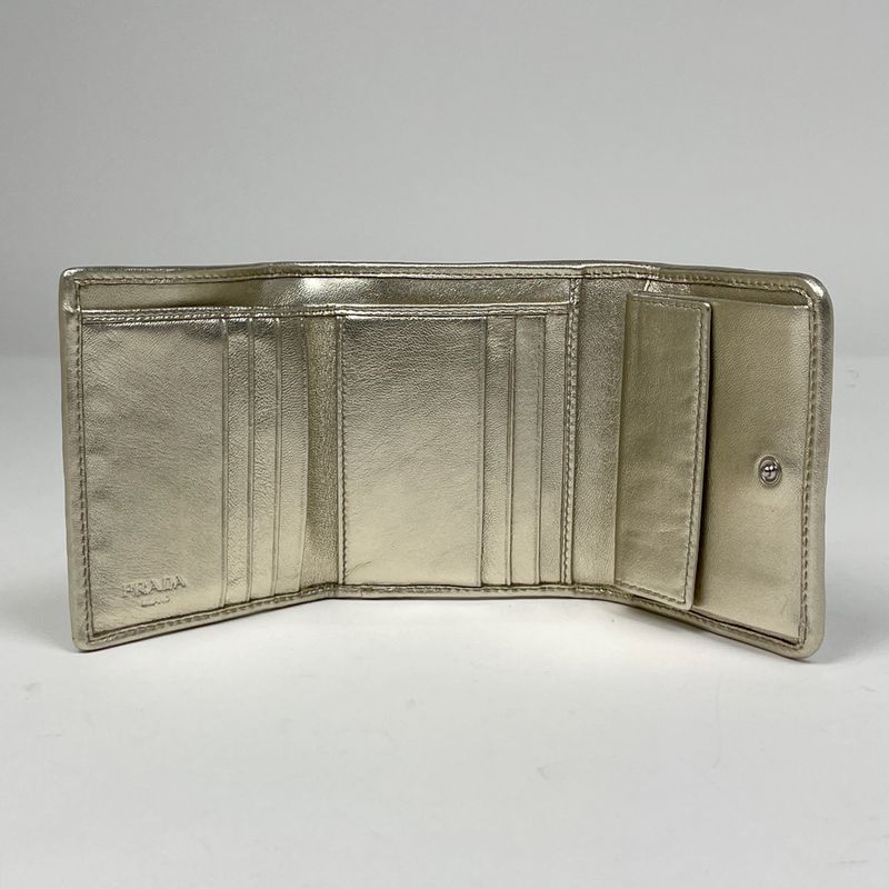 Prada Logo Trifold Wallet Gathered Leather Gold