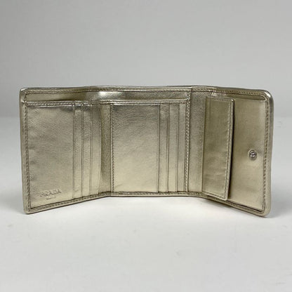 Prada Logo Trifold Wallet Gathered Leather Gold