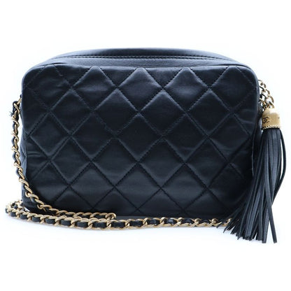 Chanel Quilted CC Logo Tassel Chain Shoulder Bag Black Lambskin Gold