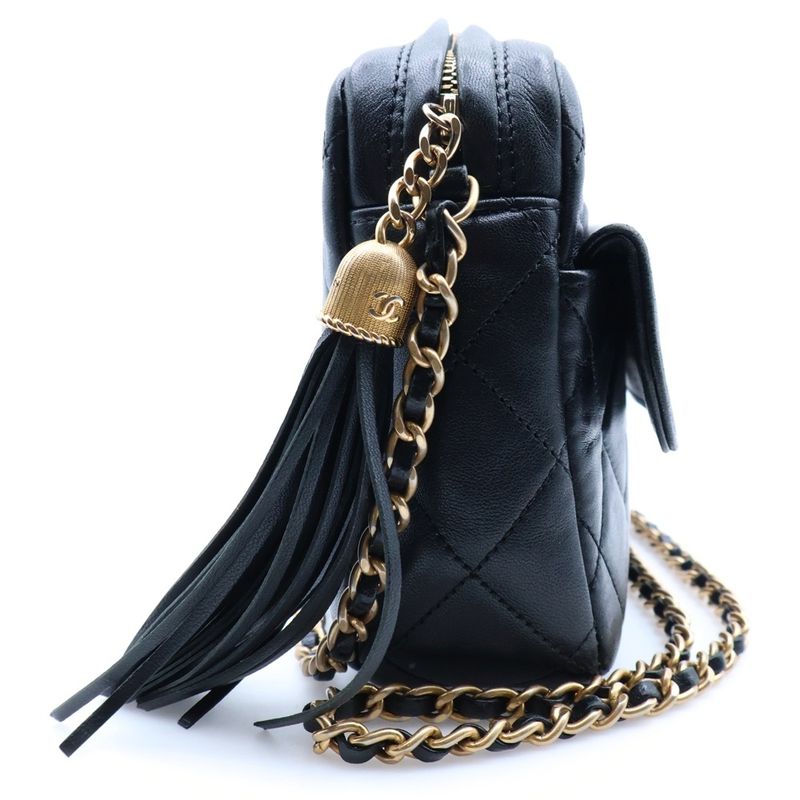 Chanel Quilted CC Logo Tassel Chain Shoulder Bag Black Lambskin Gold