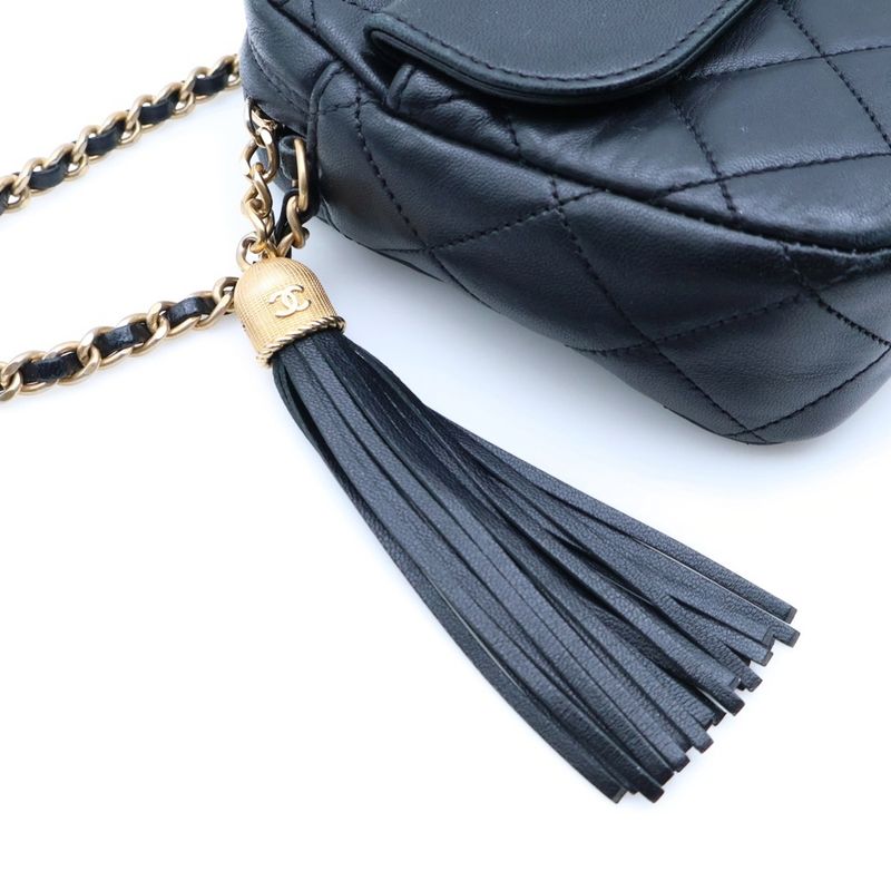 Chanel Quilted CC Logo Tassel Chain Shoulder Bag Black Lambskin Gold