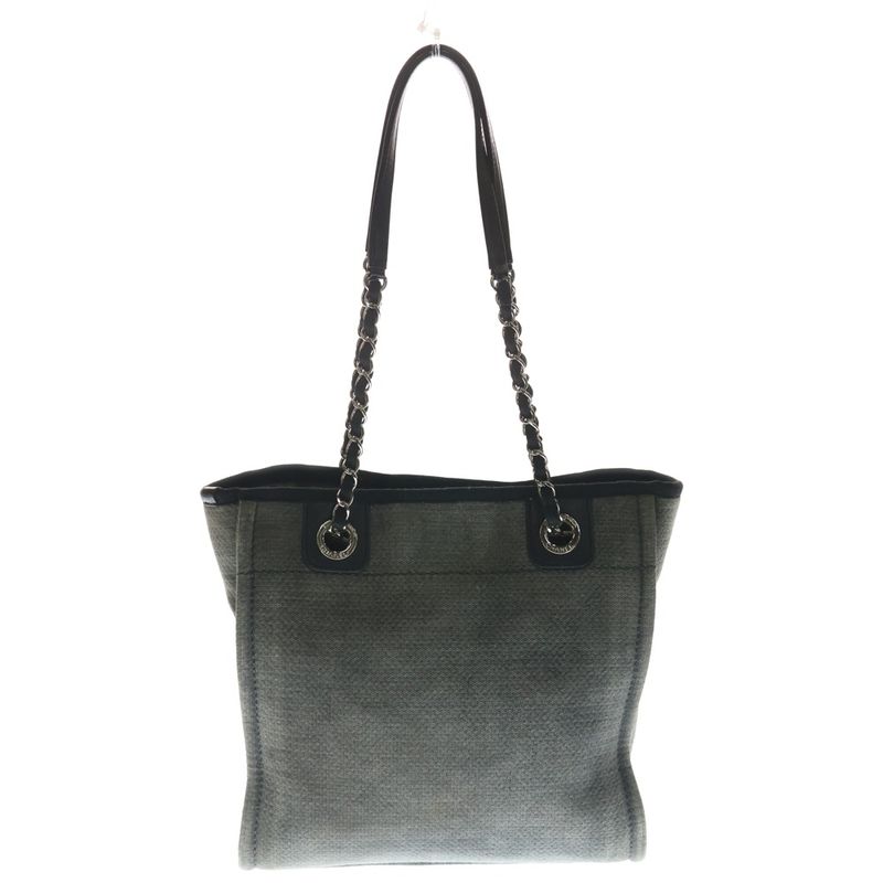 Chanel Deauville MM Tote Canvas Leather Gray Silver Hardw