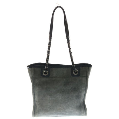 Chanel Deauville MM Tote Canvas Leather Gray Silver Hardw