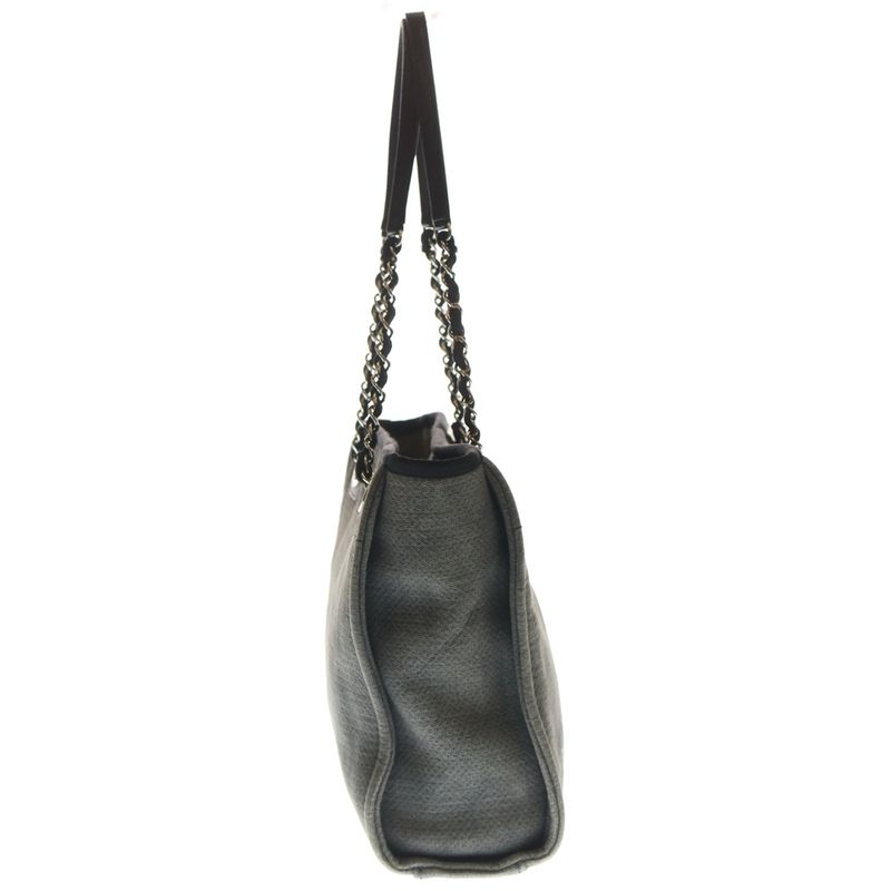 Chanel Deauville MM Tote Canvas Leather Gray Silver Hardw