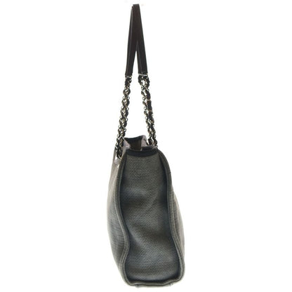 Chanel Deauville MM Tote Canvas Leather Gray Silver Hardw