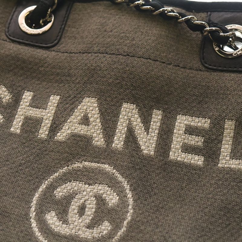 Chanel Deauville MM Tote Canvas Leather Gray Silver Hardw