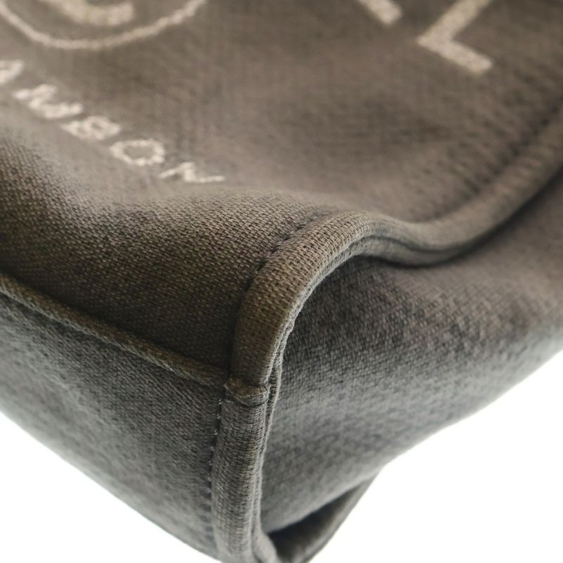 Chanel Deauville MM Tote Canvas Leather Gray Silver Hardw