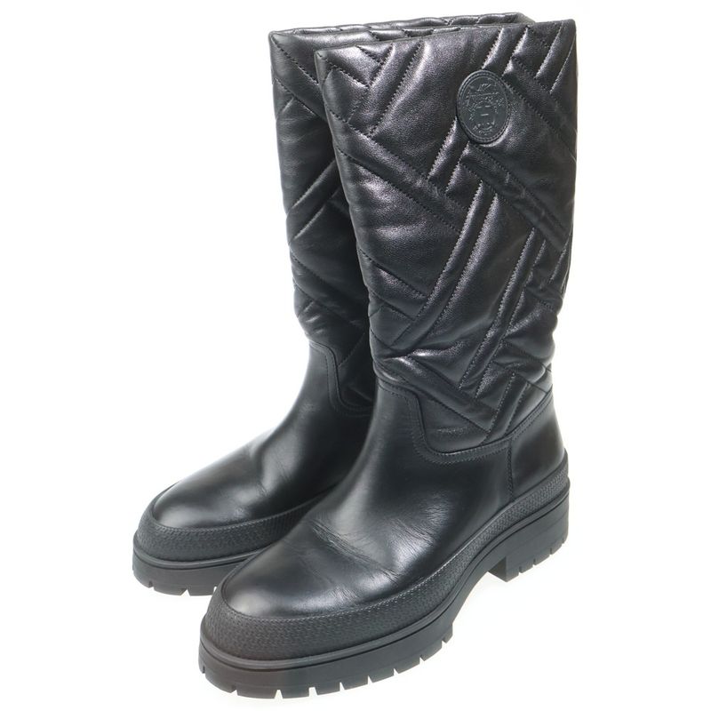 Hermes Fuji Mosaic Exlibris Lambskin Leather Quilted Long Boots Shoes Black