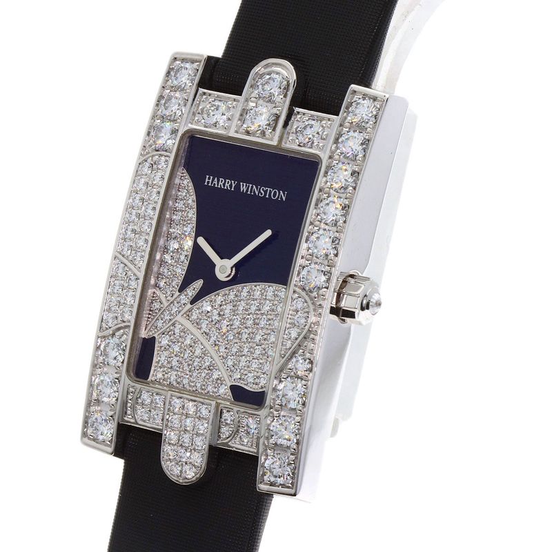 Harry Winston Avenue Night Papillon Watch 18K White Gold Leather