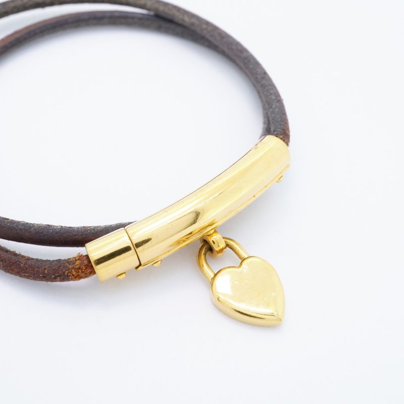 Hermes Bracelet Choker Viviride Fantasy Heart Gold Plated Leather Brown