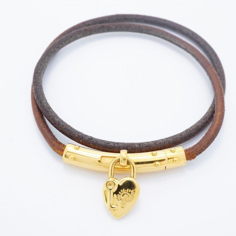 Hermes Bracelet Choker Viviride Fantasy Heart Gold Plated Leather Brown