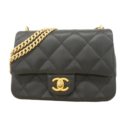 Chanel Shoulder Bag Mini Quilted Caviar Leather Black Gold
