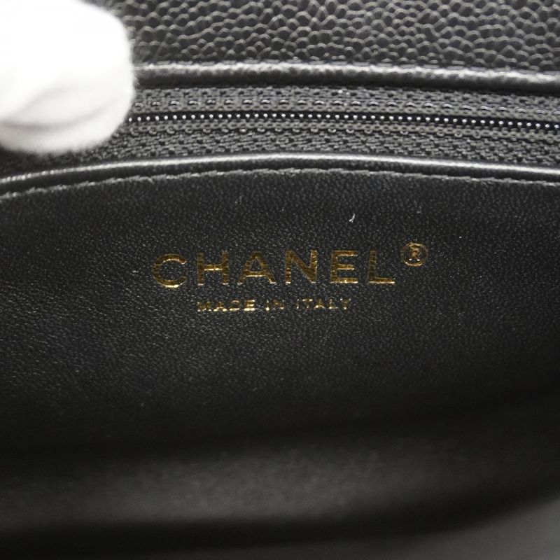 Chanel Shoulder Bag Mini Quilted Caviar Leather Black Gold