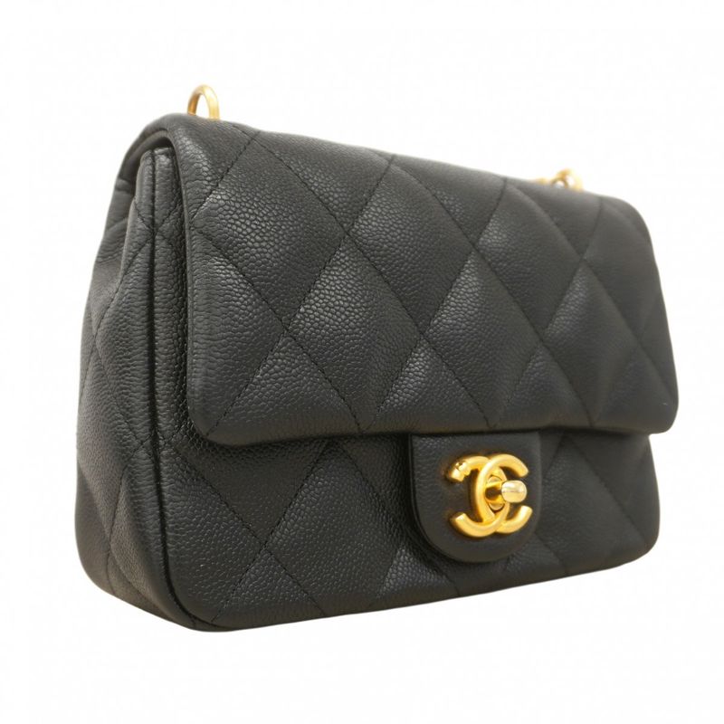 Chanel Shoulder Bag Mini Quilted Caviar Leather Black Gold