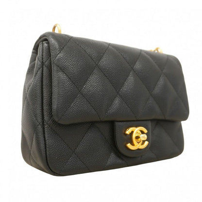 Chanel Shoulder Bag Mini Quilted Caviar Leather Black Gold