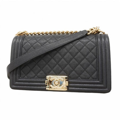 Chanel Shoulder Bag Boy Caviar Leather Navy Champagne Gold
