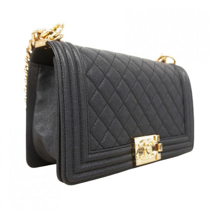 Chanel Shoulder Bag Boy Caviar Leather Navy Champagne Gold