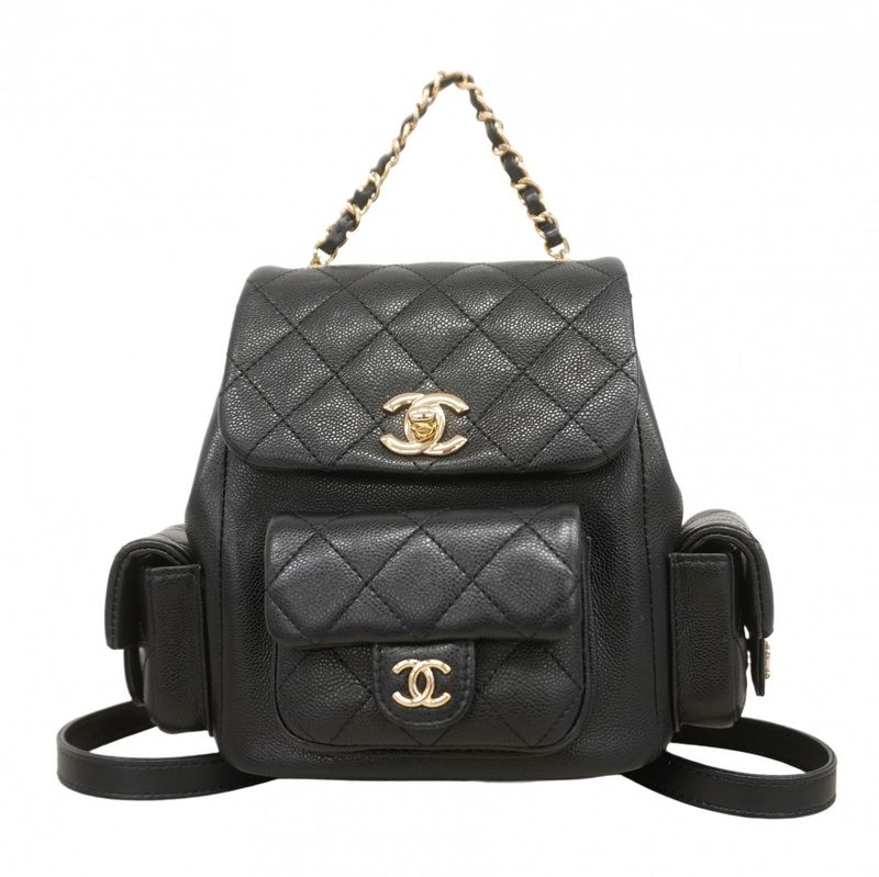 Chanel Backpack Quilted Caviar Leather Black Champagne Gold