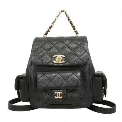 Chanel Backpack Quilted Caviar Leather Black Champagne Gold