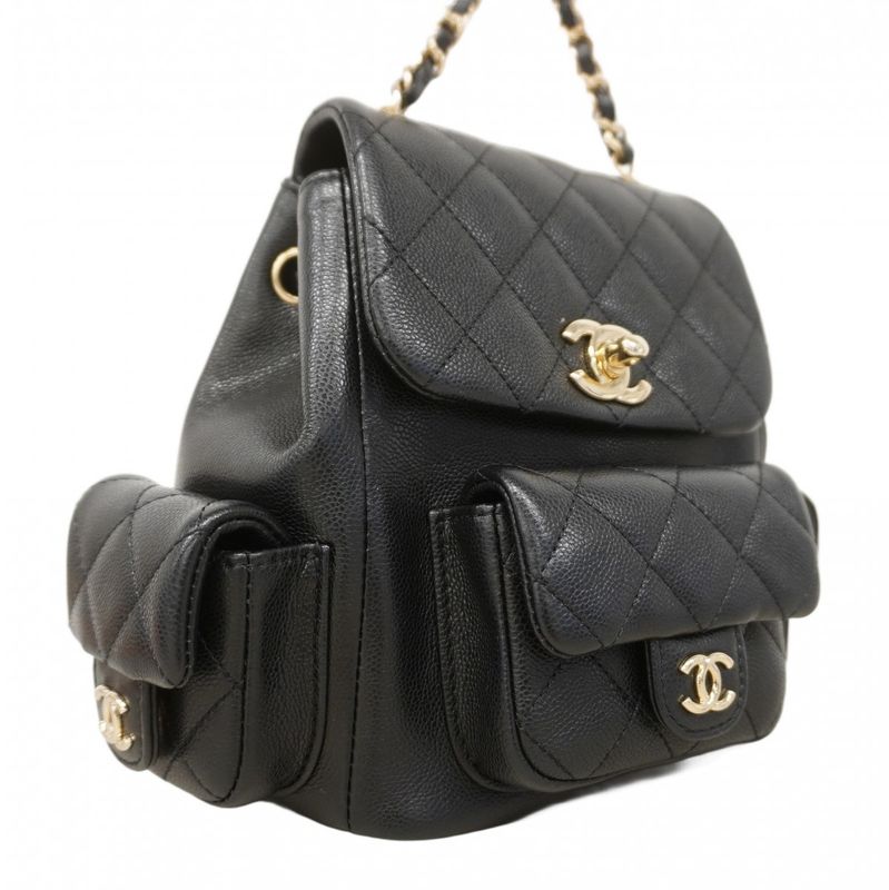Chanel Backpack Quilted Caviar Leather Black Champagne Gold