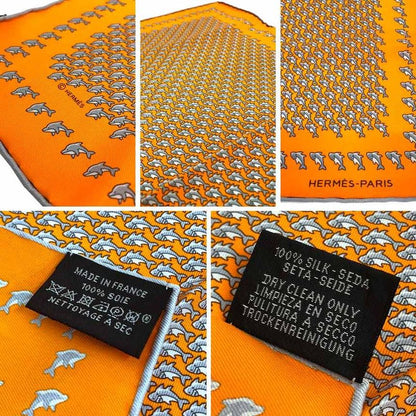 Hermes Pocket Chief Scarf Pochette Twill Carre Dolphin Shark Silk Orange