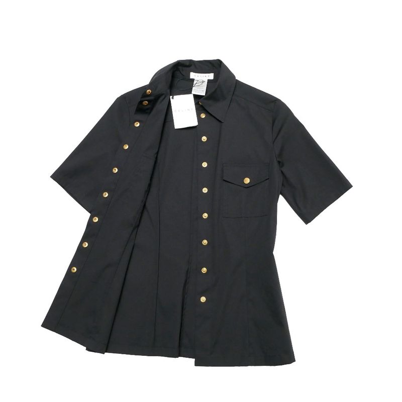 Celine Short Sleeve Shirt 34 Gold Logo Button Black