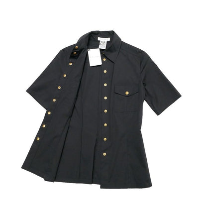 Celine Short Sleeve Shirt 34 Gold Logo Button Black