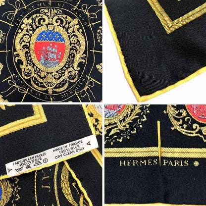 Hermes Carre 45 Scarf les Armes de Paris Coat of Arms Silk Black