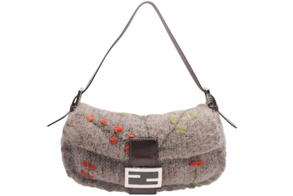 Fendi Mamma Baguette Bag Wool Leather Brown Embroidery Silver