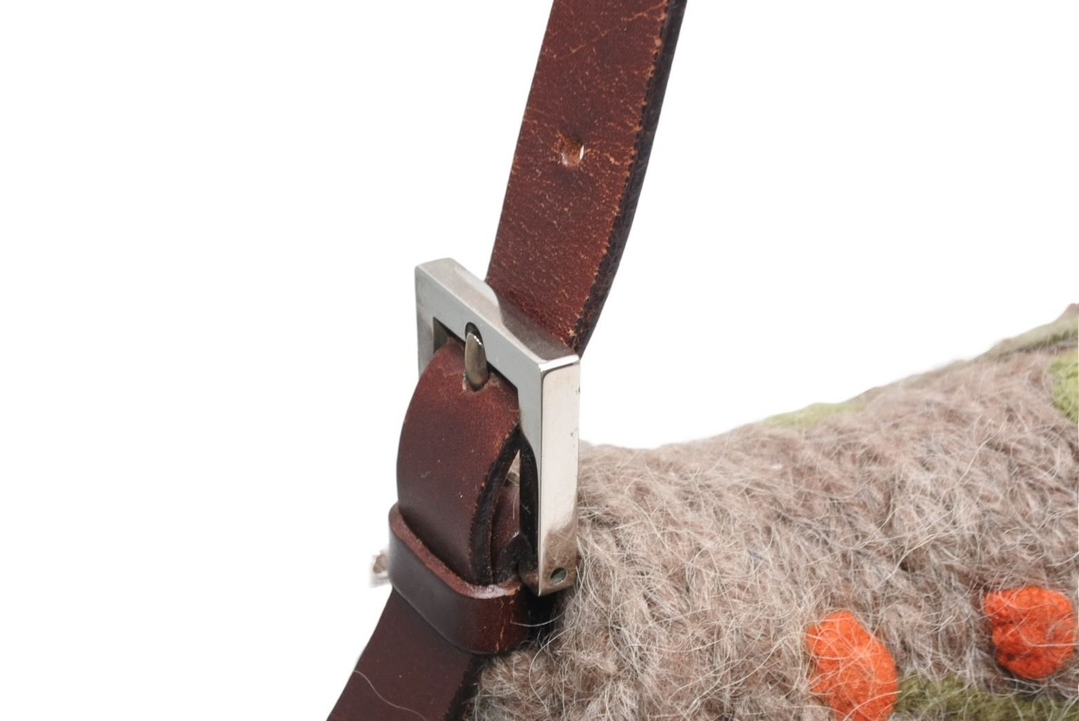 Fendi Mamma Baguette Bag Wool Leather Brown Embroidery Silver — view 5