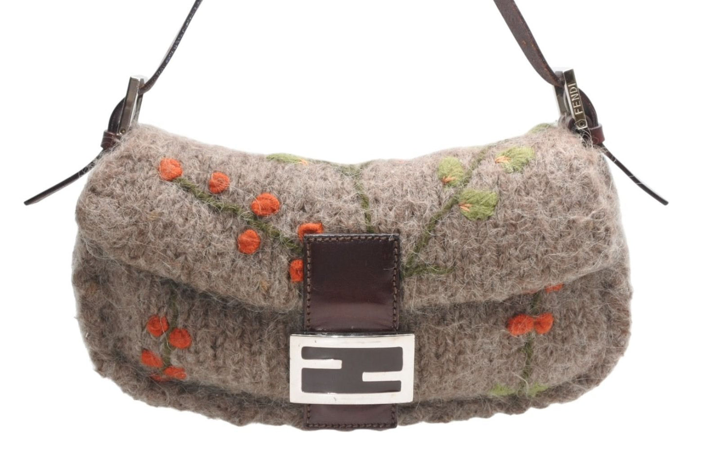 Fendi Mamma Baguette Bag Wool Leather Brown Embroidery Silver — view 2
