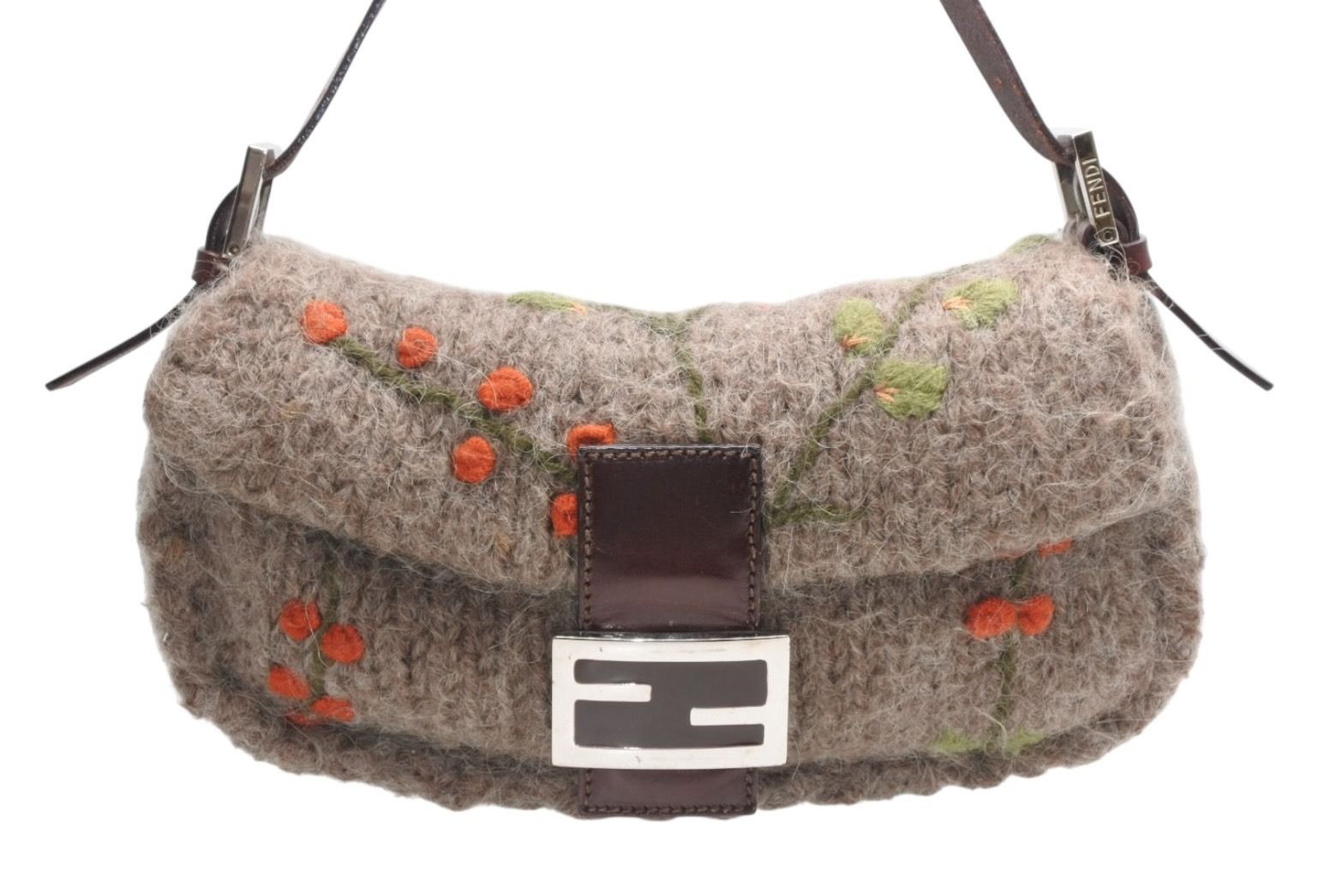 Fendi Mamma Baguette Bag Wool Leather Brown Embroidery Silver — view 2