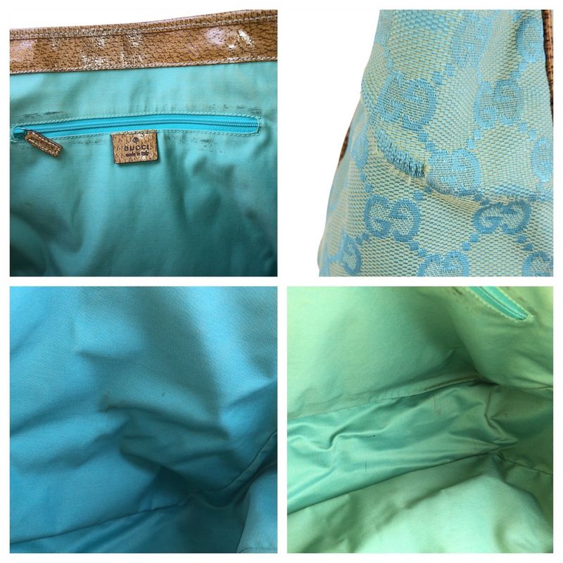 Gucci Light Blue Brown GG Canvas Leather Tote Shoulder Bag