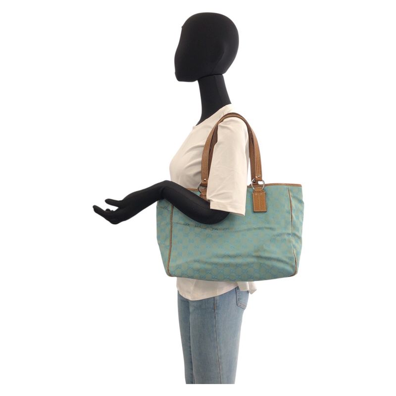 Gucci Light Blue Brown GG Canvas Leather Tote Shoulder Bag