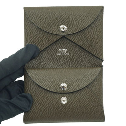 Hermes Calvi Duo Card Case Coin Case Dark Brown Silver