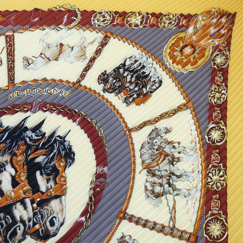 Hermes Pleats Carre Chevaux de Trait Horse Silk Yellow Multicolor
