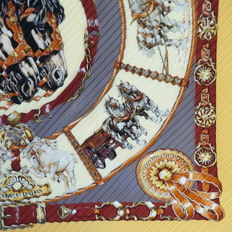 Hermes Pleats Carre Chevaux de Trait Horse Silk Yellow Multicolor
