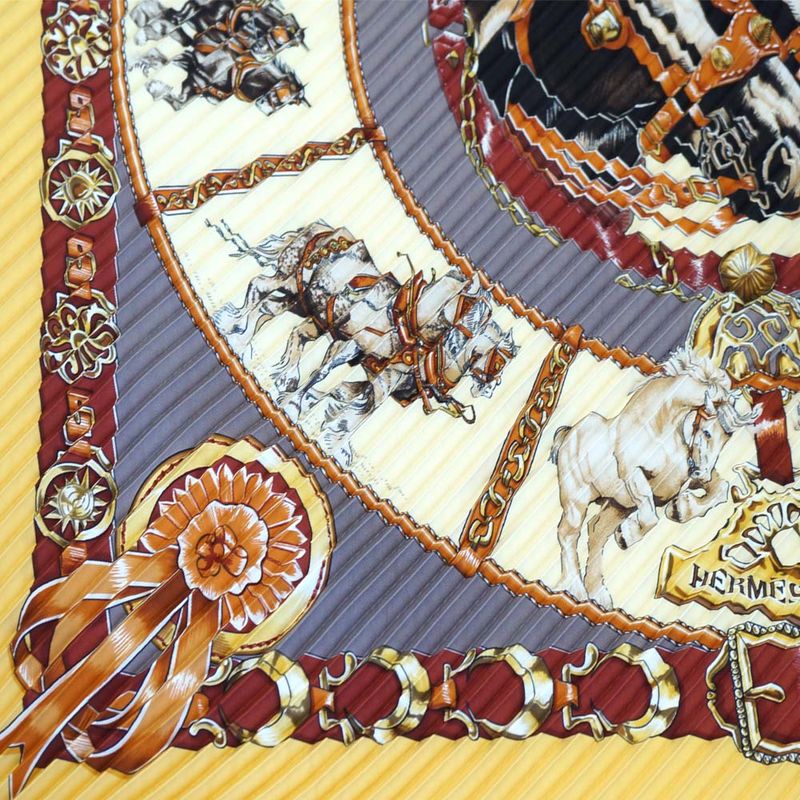 Hermes Pleats Carre Chevaux de Trait Horse Silk Yellow Multicolor
