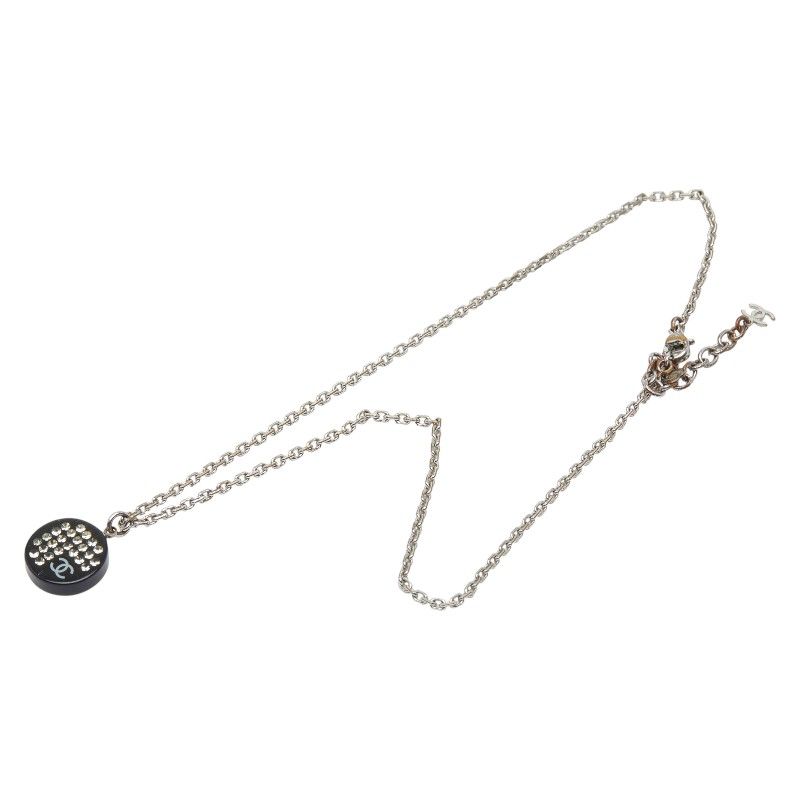Chanel CC Logo Rhinestone Silver Black Metal Plastic