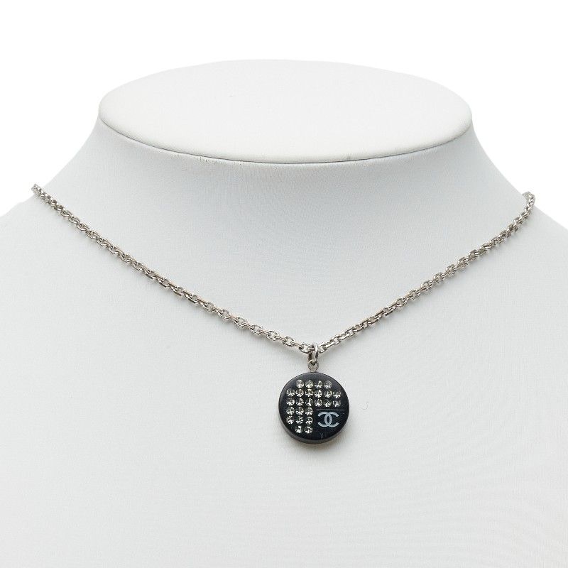 Chanel CC Logo Rhinestone Silver Black Metal Plastic