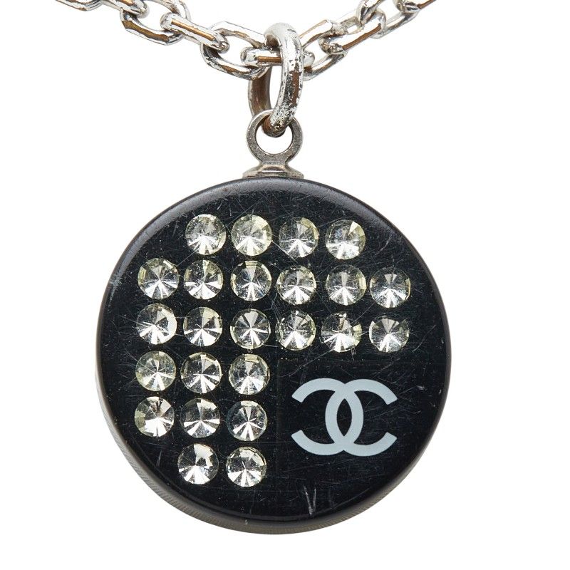 Chanel CC Logo Rhinestone Silver Black Metal Plastic